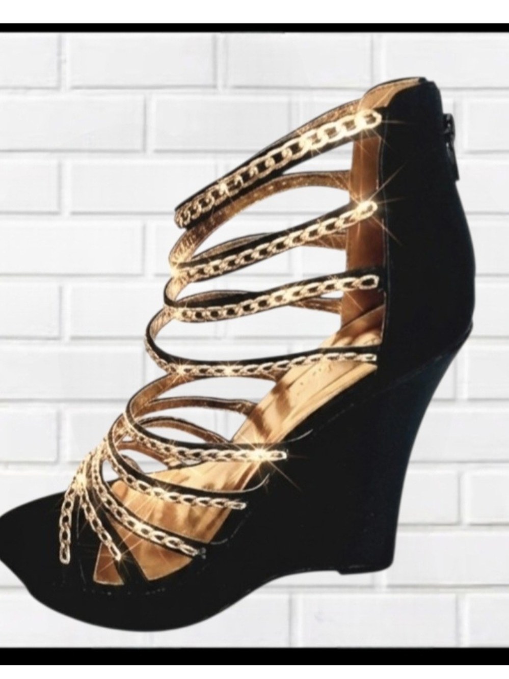 *LIILIANA Black Gold Chain Caged Platform Wedges High Heels Sandals Size 8.5 NIB